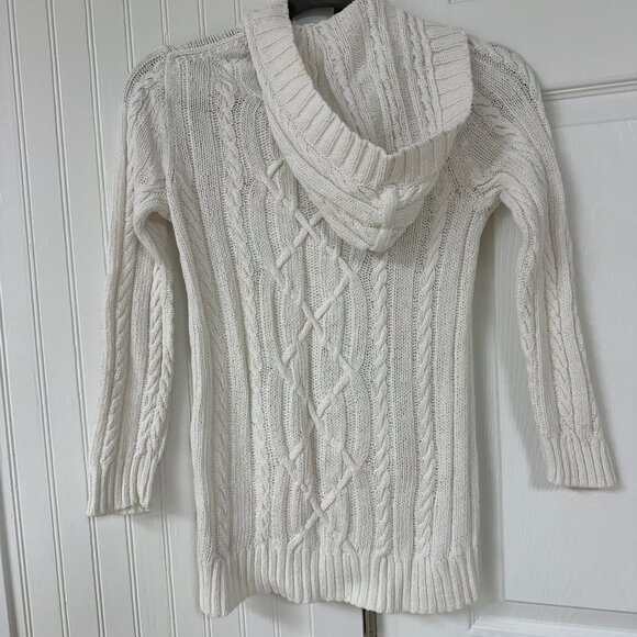 J Crew White Knit Hooded Wood Button Sweater with Pocket - 3/4 Sleeve - Small - Picture 2 of 4